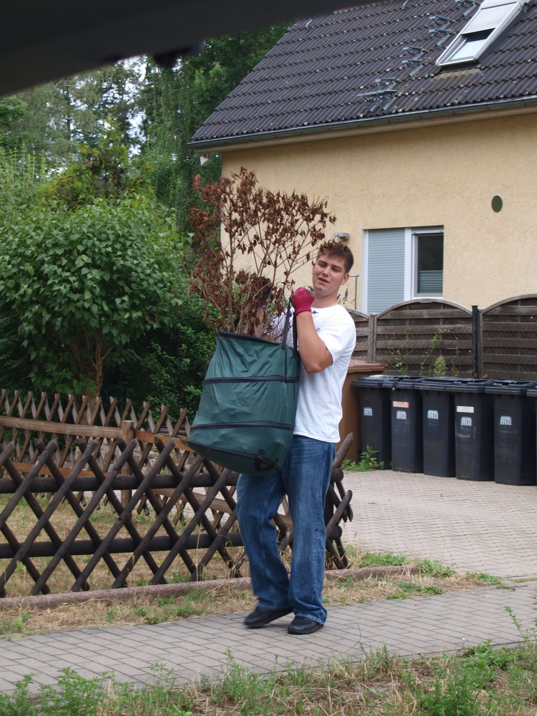 Gartensack mit Schnittgut wird zum Fahrzeug getragen