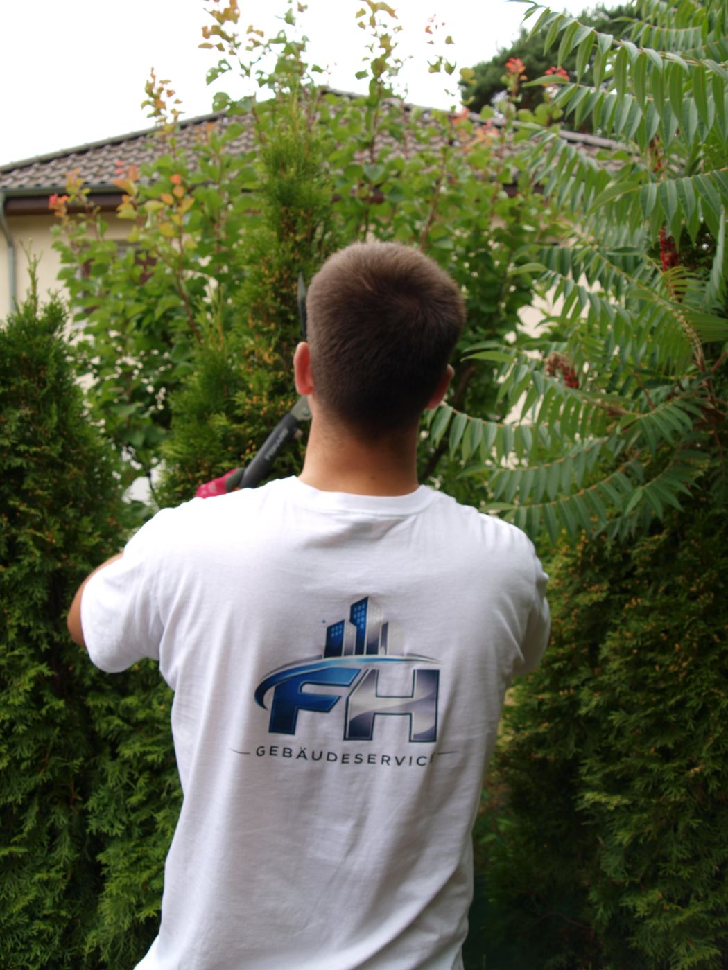 Florentin Hohenstein von hinten beim Heckenschnitt, auf dem T-Shirt das Logo von Gebäudeservice FH
